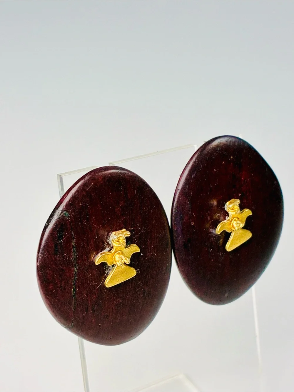 Unique Round Dark Cherry Wood Stud Earrings with Gold Accent - Women’s Jewelry
